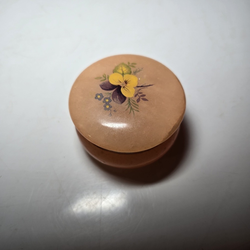 Alabaster Trinket Jewelry Box Carved Brown Marble‎ Floral Hinged Round Vintage